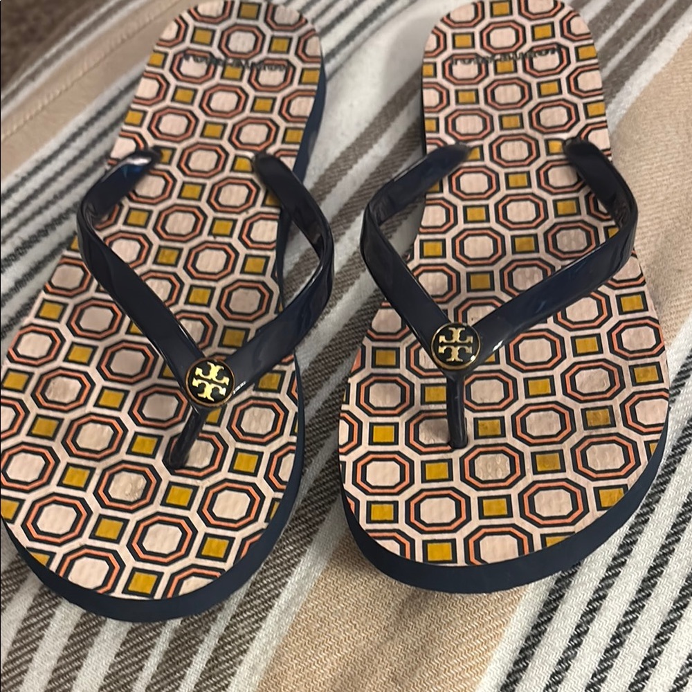 Tory Burch Geometric Pattern Sandals - Navy and Yellow